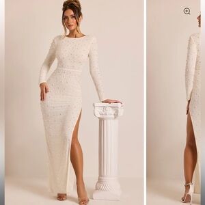 Oh Polly Elegant Embellished Long Sleeve Backless Dress in White